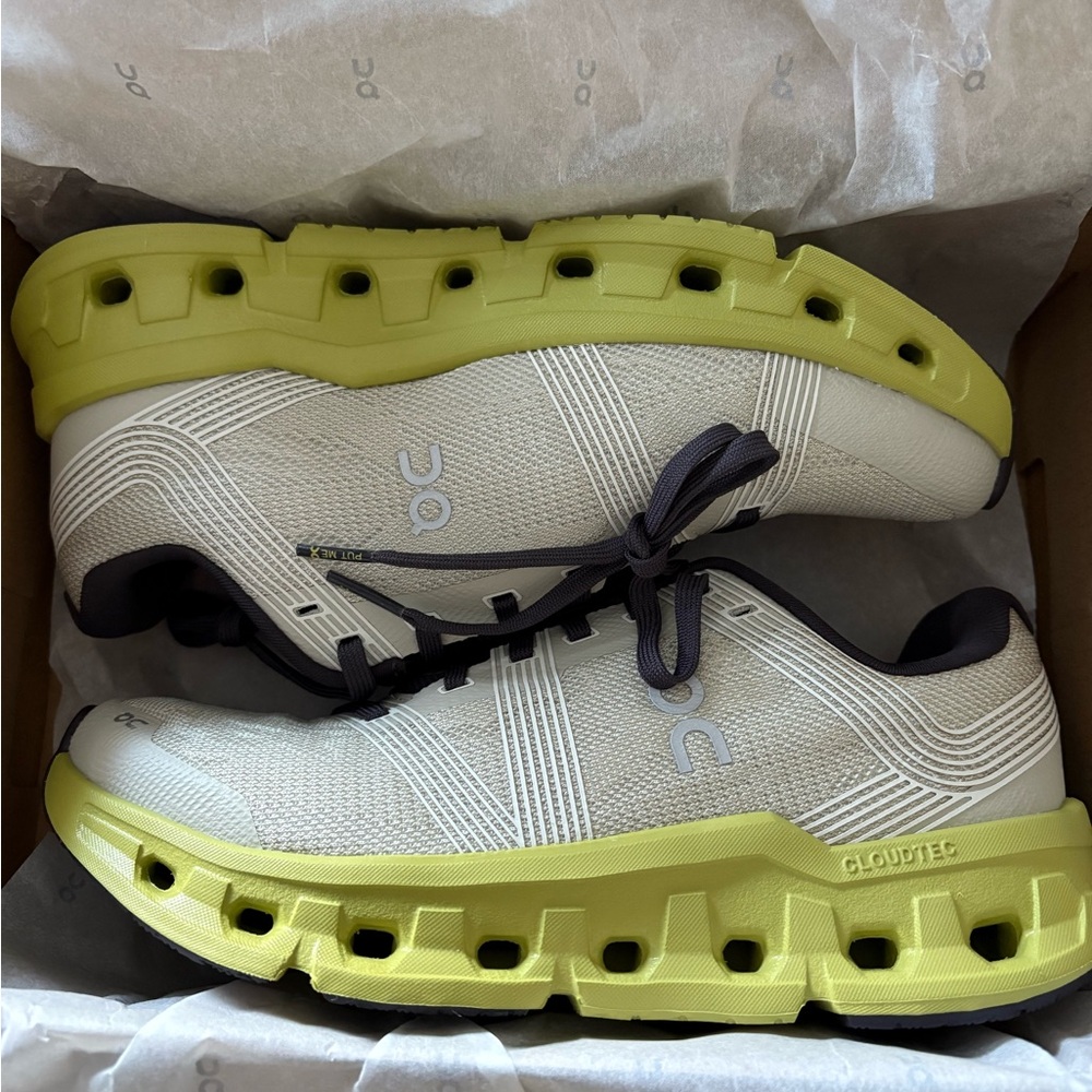 On Running Cream and Green Athletic Shoes with Breathable Mesh